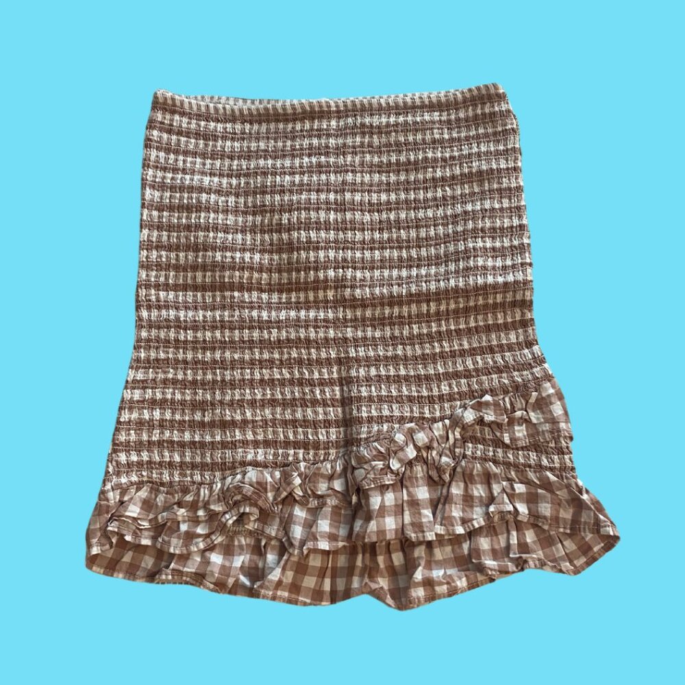Kendall & Kylie Tan Gingham mini skirt with Frills, size small